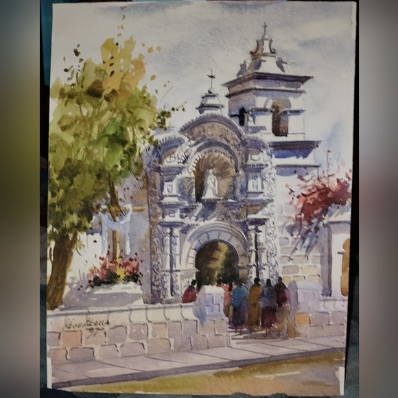 Watercolor Other - Vintage Watercolor Peruvian Village Parish Theme Unframed 10x13"